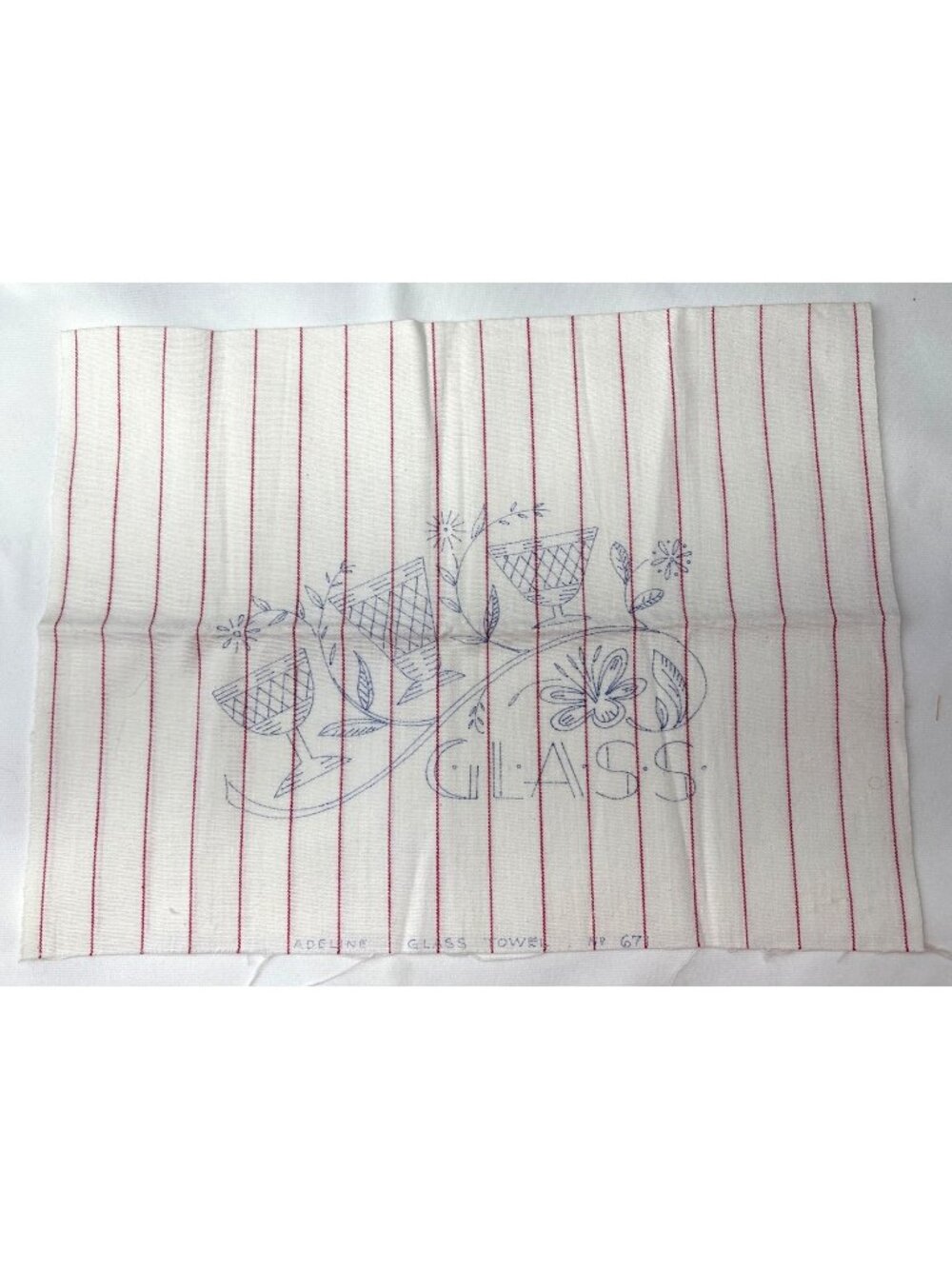 Adeline Stamped Embroidery Glass Towel No. 67 Red Striped Cotton 24"x16" Vintage